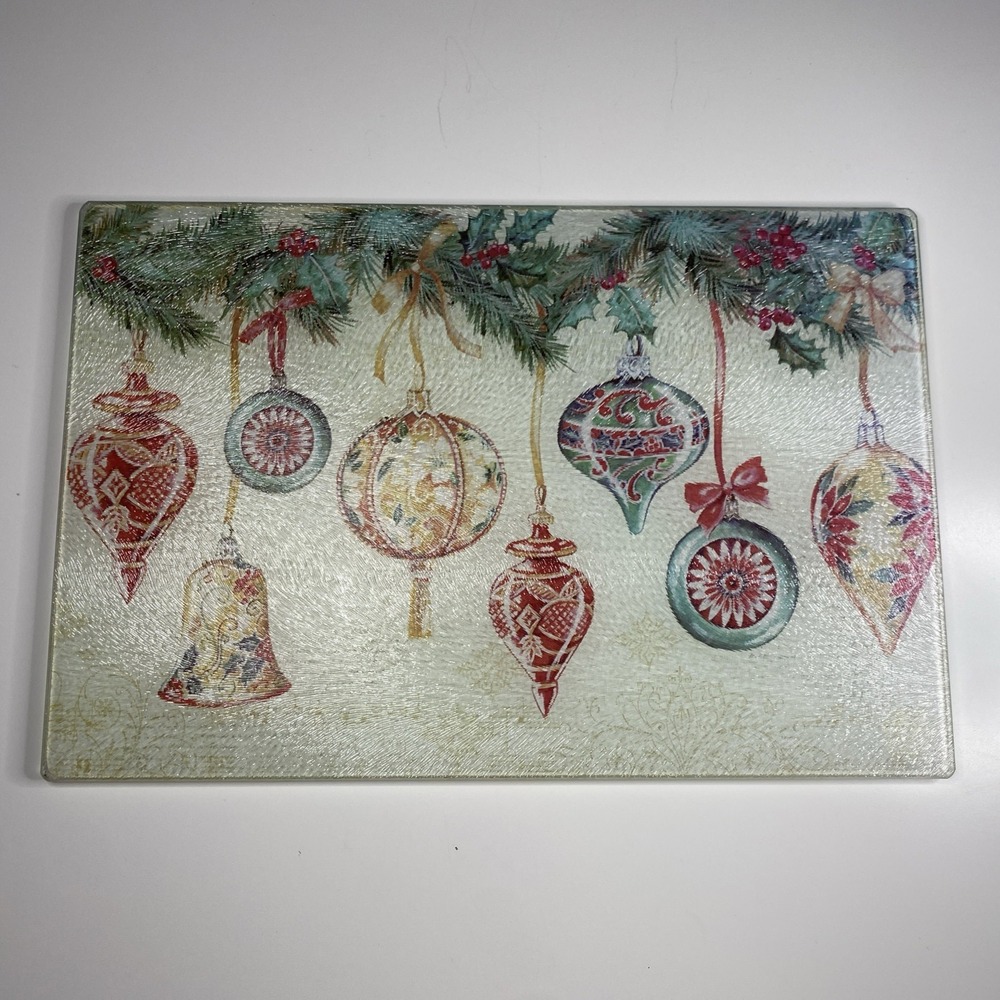 Vtg Retro Tempered Glass Cutting Board Colorful Christmas Ornaments 8"x12"
